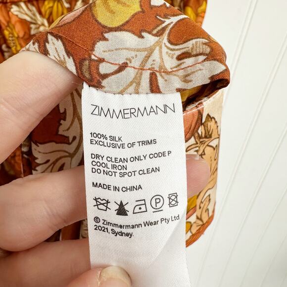 Zimmermann Andie Swing Gathered Floral Print Silk Midi Skirt Orange Beige Multi - Picture 11 of 14